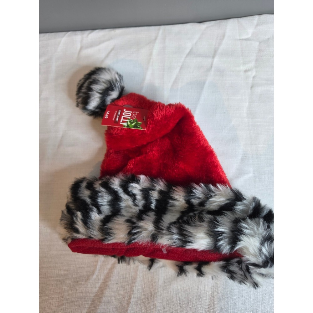 Be Jolly Red Plush Santa Hat Black White Animal Print Faux Fur Trim Pom Pom NWT